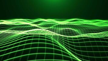 Abstract waves field with glowing green grid made of bright lines with soft light on dark background. Digital animation for programming, internet security, computer science and engineering. 4K 60fps video