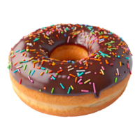 Photorealistic Donut with Chocolate Frosting Colorful Sprinkles Glossy Glaze png