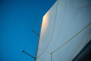 Sunlit top piece of a sail of a sailing yacht in the wind sailing on the sea . High quality photo