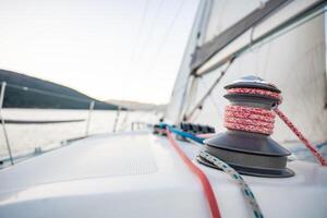 Yacht sailing in Adriatic sea. Close-up view of the deck, mast and sails. Yachting concept. High quality photo