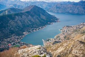 Panoramic view of Kotor Bay Boca and mountains from mountain view point in Montenegro in winter time. High quality photo