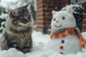 A moment of building snowman where a fluffy cat who playfully pounces on the snow. photo