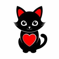 Cute cartoon black cat with red heart isolated on white background. Front view. vector