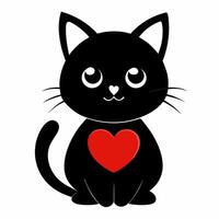 Cartoon black cat with red heart isolated on white background. Front view. vector
