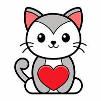 Cute cartoon sitting gray cat with heart isolated on white background. Front view. vector