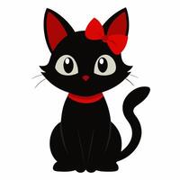 Cute cartoon black cat with red bow isolated on white background. Front view. vector