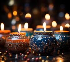 Colorful candles on a table with beads and other decorations photo