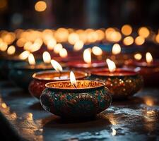 Many colorful lit candles are lined up on a table photo
