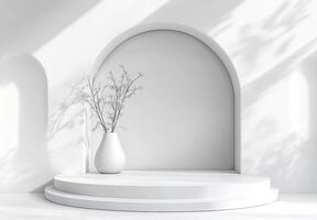 White stage with a vase and a tree in front of it photo