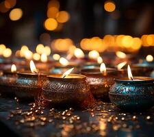 Many colorful lit candles are arranged on a table photo