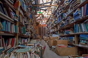 An old abandoned library. Book background. Books on the bookshelf. Knowledge in paper form photo