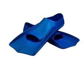Fins are isolated on a white background. Flippers. Open toe and closed heel for professional swimming and training. Shortened blue flippers photo