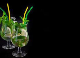 Mojito on a black background. Summer soft drinks with copy space. Lemon, lime, mint, ice, water. Bar menu photo