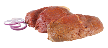 Fresh beef steak with sliced red onions cut out isolated transparent background png