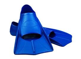 Fins are isolated on a white background. Flippers. Open toe and closed heel for professional swimming and training. Shortened blue flippers photo