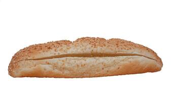 Loaf baguette isolated on white background. Bun with sesame seeds and a side cut for making sandwiches, hot dogs. Bagel isolate photo