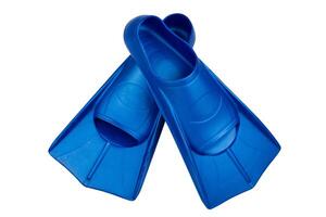 Fins are isolated on a white background. Flippers. Open toe and closed heel for professional swimming and training. Shortened blue flippers photo