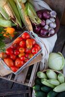 Harvest tomatoes in a basket on the table top view. Variety of summer vegetables on a wooden background. Cabbage, cucumbers. Tomato of different varieties photo