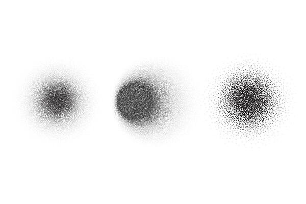 Circle shadows with grainy noise. Round black shades isolated on white background. Dotted stipple shapes set. Spray paint dusty blobs with sand dark texture