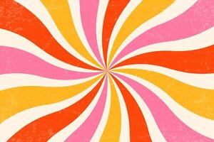 Retro background with spiral sunburst. Swirl textured radial rays. Vintage abstract wavy pink and orange striped vortex. 70s funky psychedelic disco bg. vector