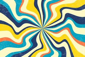 Retro radial spiral sunburst. Swirl textured pattern with rays. Vintage abstract wavy blue and yellow striped vortex on white background. 70s funky psychedelic disco bg. vector