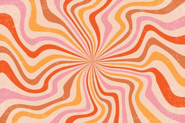 Retro groovy spiral pattern. Swirl sunburst vintage textured background. Psychedelic radial wavy lines. Funky carnival twist 70s design for posters and wallpaper