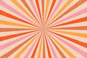 Retro pattern with groovy sun beams. Radial rays with grunge texture. Vintage abstract 70s design with stripes. Summer backdrop with concentric lines. Funky orange and pink bg vector