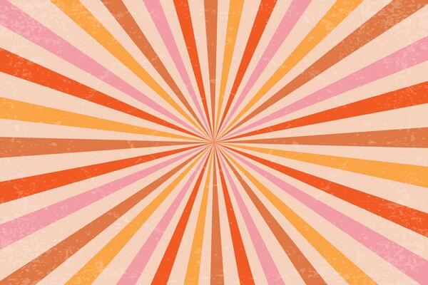 Retro pattern with groovy sun beams. Radial rays with grunge texture. Vintage abstract 70s design with stripes. Summer backdrop with concentric lines. Funky orange and pink bg