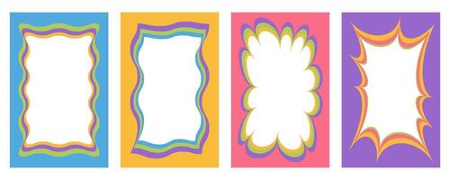 Wavy scallop border shapes. Rectangle fun psychedelic hand drawn frame. Doodle cute design for text photo and picture. Groovy child template. Y2K decorative blank vector