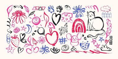 Colorful Set of Grunge Charcoal and Pencil Girly Sketches. Hand drawn design doodle shapes. Creative playful banner with graffiti abstract elements vector