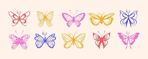 Hand Drawn Collection of Retro Butterfly with Grunge Texture. Colorful pastel Spring insects isolated on white background. Pencil drawings vector