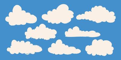 White Clouds Drawn With Pencil on Isolated on Blue Background. Pencil drawings of clouds. Abstract cartoon and fluffy cloud icons. vector