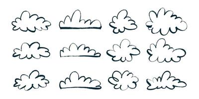 Black Clouds in Hand Drawn Style with Grunge Retro Effect. Pencil drawings of clouds. Abstract cartoon and fluffy cloud icons. vector