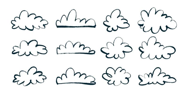 Black Clouds in Hand Drawn Style with Grunge Retro Effect. Pencil drawings of clouds. Abstract cartoon and fluffy cloud icons.