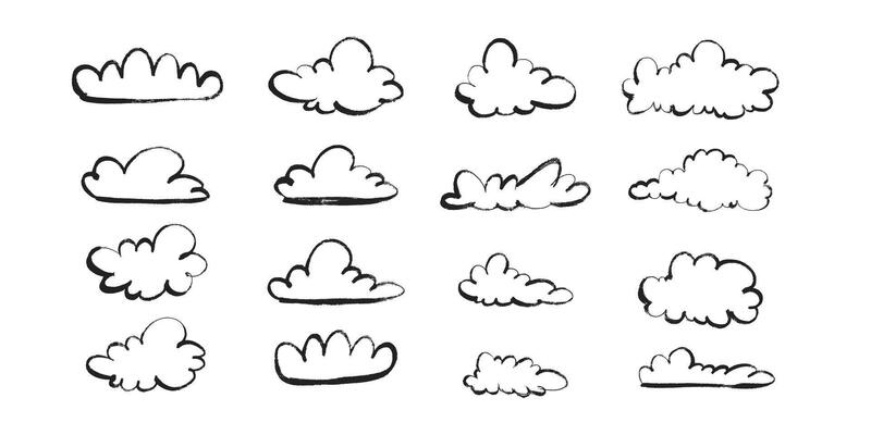 Doodle Clouds in Hand Drawn Style with Grunge Effect. Pencil drawings of clouds. Abstract cartoon and fluffy cloud icons.