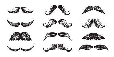 Bulky Grunge Moustache Set. Silhouette hand drawn moustache isolated on white background. Retro design of male moustaches vector