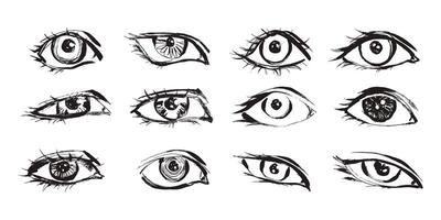 Grunge Set of Cartoon Eyes in Brutalist Retro Style Hand Drawn with Dry Ink on White Background. Monochrome grunge y2k trendy elements. vector