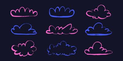 Colorful Pencil Drawings of Fluffy Clouds .Clouds in hand drawn style with grunge effect. Abstract cartoon and fluffy cloud icons. vector