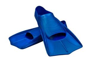 Fins are isolated on a white background. Flippers. Open toe and closed heel for professional swimming and training. Shortened blue flippers photo