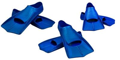Fins are isolated on a white background. Flippers. Open toe and closed heel for professional swimming and training. Shortened blue flippers photo
