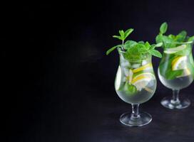 Mojito on a black background. Summer soft drinks with copy space. Lemon, lime, mint, ice, water. Bar menu photo