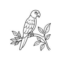 A black and white drawing of a parrot sitting on a branch vector