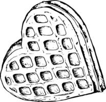 Black and white sketch of a heart-shaped waffle, drawn in an ink style. Perfect for International Waffle Day designs, confectionery branding, bakery packaging, menu illustrations or holiday decoration vector