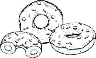 sketch of three round donuts with icing and sprinkles in the shape of a heart. Hand drawn with liner, perfect for Valentine s Day designs, menu, packaging and branding. Romantic and sweet vibe vector