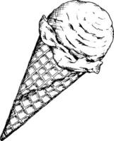 Detailed black and white illustration of a classic cone with a scoop of ice cream, drawn in an ink sketch style. Perfect for summer designs, confectionery branding, bakery packaging, menus or cookbook vector