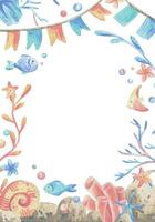Sea corals, algae, shells, starfish, fish, bubbles. Watercolor illustration hand drawn in coral, turquoise and blue colors. rectangular vertical frame template isolated from the background vector