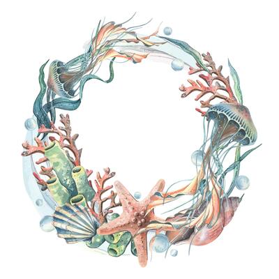 Jellyfish, corals, sea sponges, algae, shells, starfish and bubbles. Hand drawn watercolor illustration on the theme of sea animals and the underwater world. Round wreath, frame, template for text.
