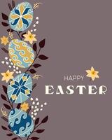 Easter eggs and flowers on a gray background with the words happy easter vector