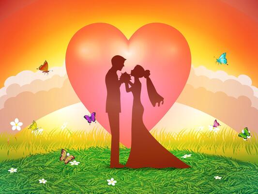 3D Paper Digital Craft Love and Valentine's Day Illustration Two lovers standing on a grass field under the sunset with a heart of love.