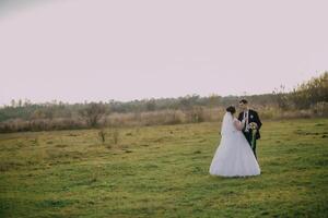 A bride and groom are standing in a field, with the bride wearing a white dress. photo